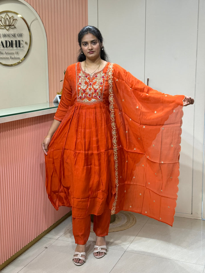 Premium Mul Chanderi Collection with Dupatta | Kali Pattern &amp; Handwork| R206