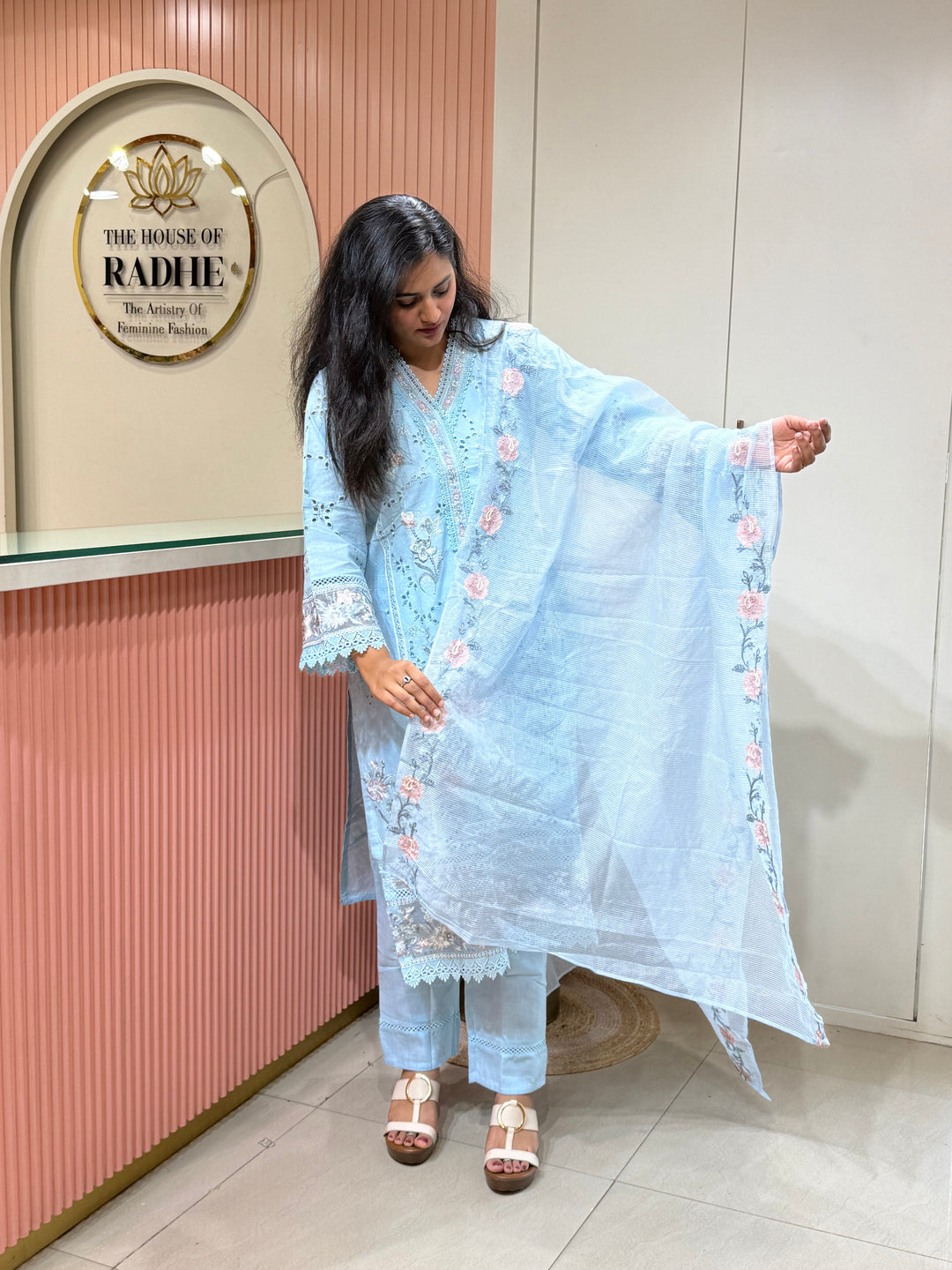Premium Designer Schiffli 3-Piece Set with Kota Doria Dupatta | R221