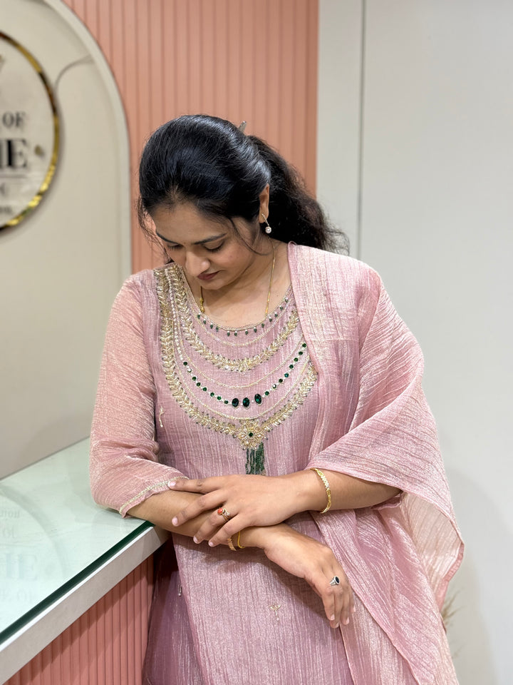 Shimmer Crush Tissue Fabric (salsa) with Jewellery-Style Neck Handwork 𝗦𝘂𝗶𝘁 𝗔𝗿𝗿𝗶𝘃𝗲𝗱 | R148