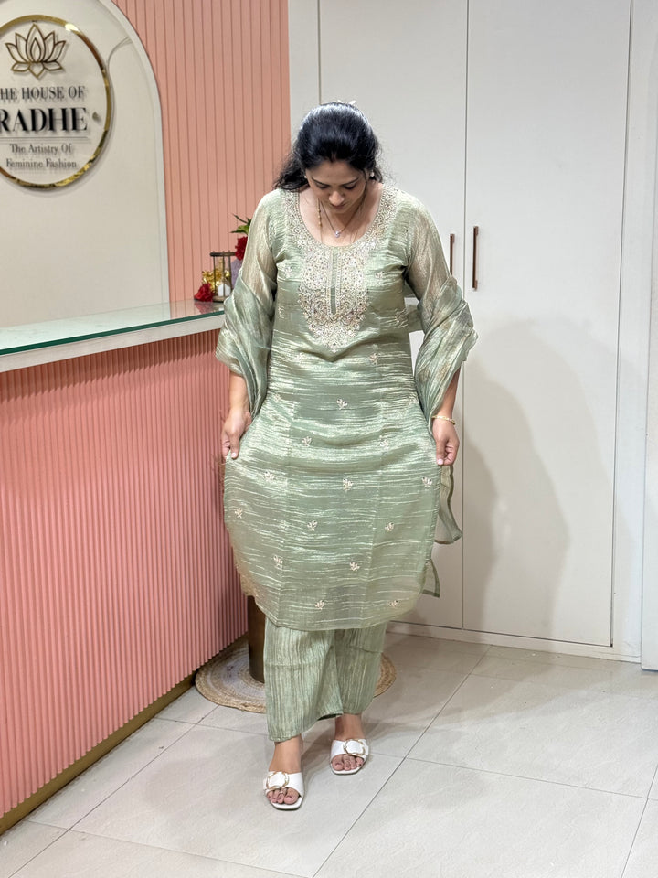 Premium Shimmer Crush Tissue Fabric with Handwork 𝗦𝘂𝗶𝘁 𝗔𝗿𝗿𝗶𝘃𝗲𝗱 ( Cotton Lining )| R228