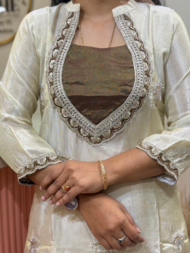 Designer Tissue Shimmer 2 Pc Collection – Contrast Yoke &amp; Cut Dana Work (Cotton Lining )| R167
