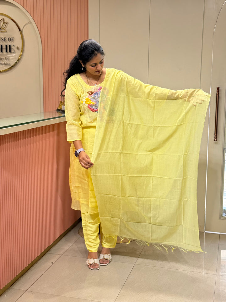 Pure Banarasi Mul Chanderi 3 Pcs Kurti set and Hand Embroidery work| R218