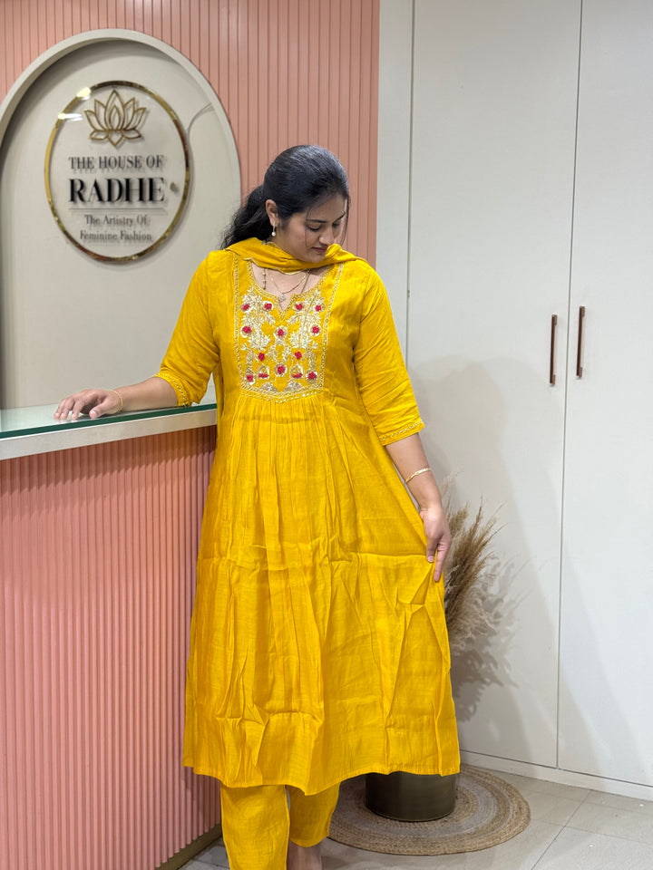 Premium Mul Chanderi Collection with Dupatta | Kali Pattern &amp; Handwork| R206