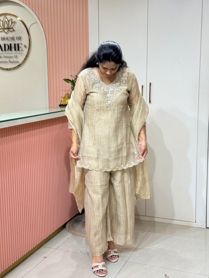 Shimmer Crush Tissue Fabric (salsa) with Handwork 𝗦𝘂𝗶𝘁 𝗔𝗿𝗿𝗶𝘃𝗲𝗱 | R148
