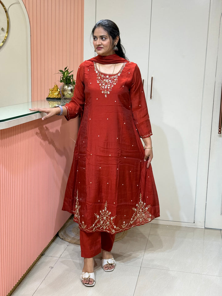 Coral Mul Chanderi with Cut Dana Work | R206