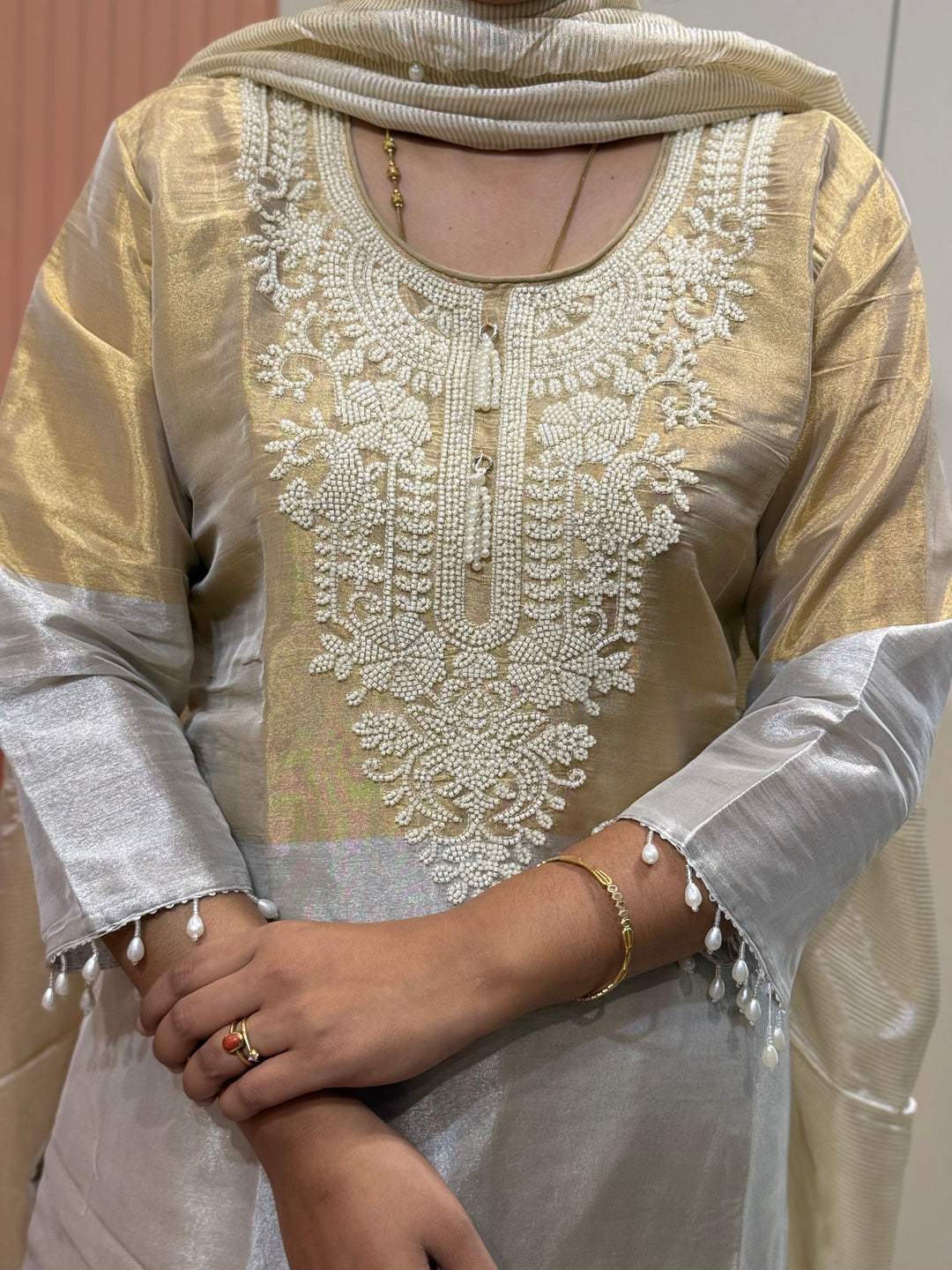 Tissue Fabric Designer Suit – Moti Work Collection | R148