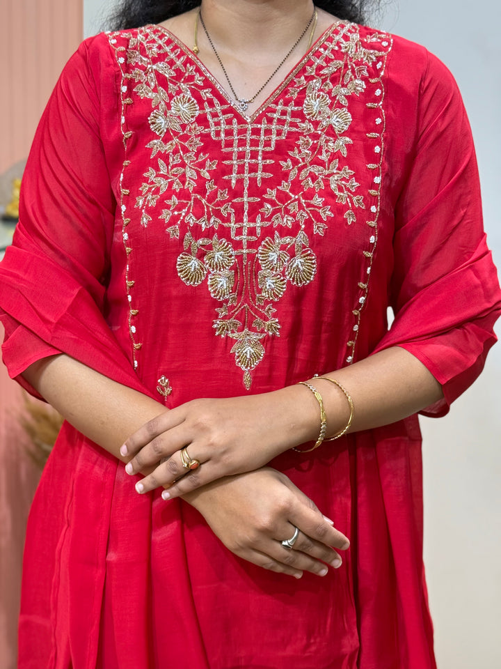 S Mul Chanderi 3 Pc Kurta Set | Semi Party Wear (New Arrivals )| R116