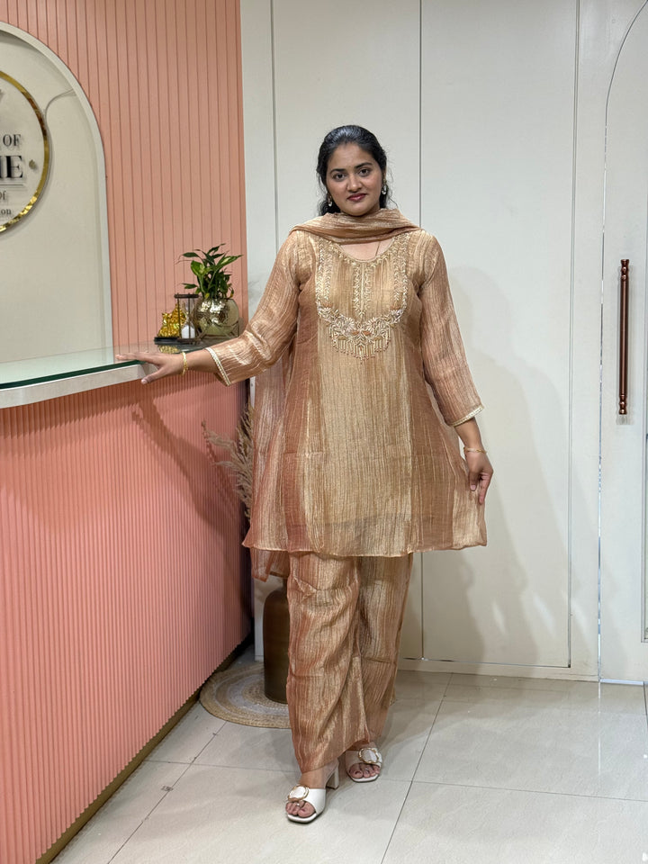 Premium Shimmer Crush Tissue Fabric (salsa) with Handwork 𝗦𝘂𝗶𝘁 𝗔𝗿𝗿𝗶𝘃𝗲𝗱 ( Cotton Lining )| R148