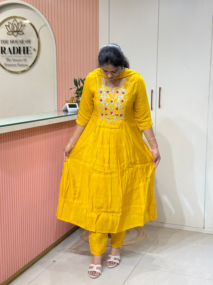 Premium Mul Chanderi Collection with Dupatta | Kali Pattern &amp; Handwork| R206
