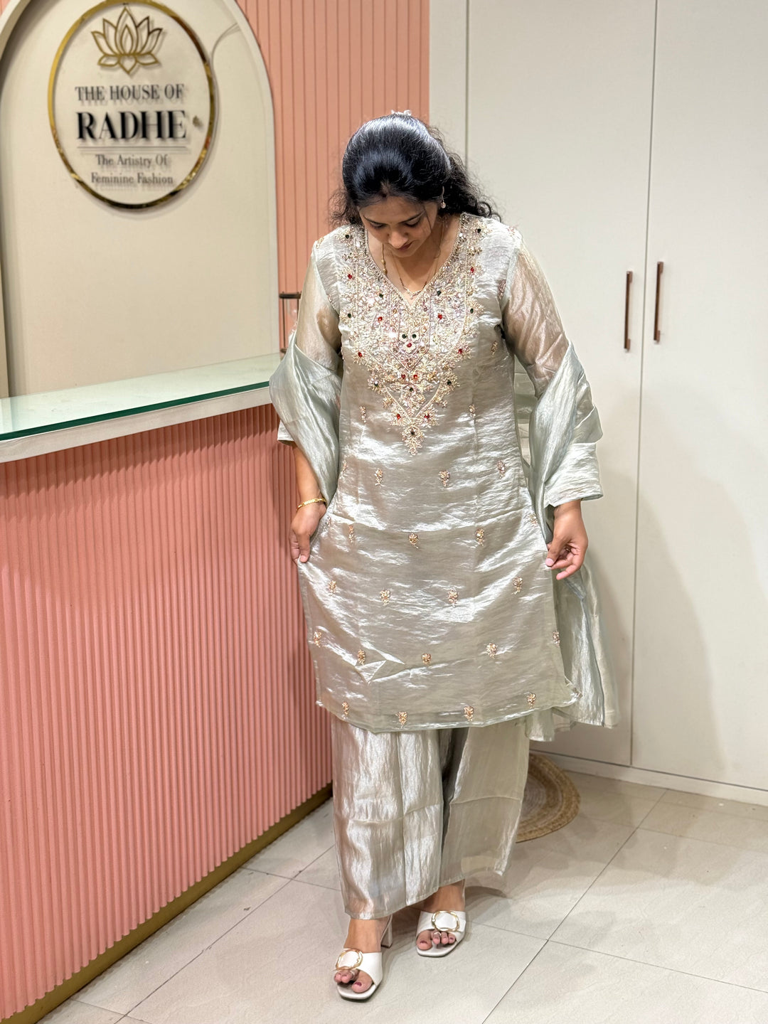 Premium Shimmer Crush Tissue 3pcs kurta set | R228