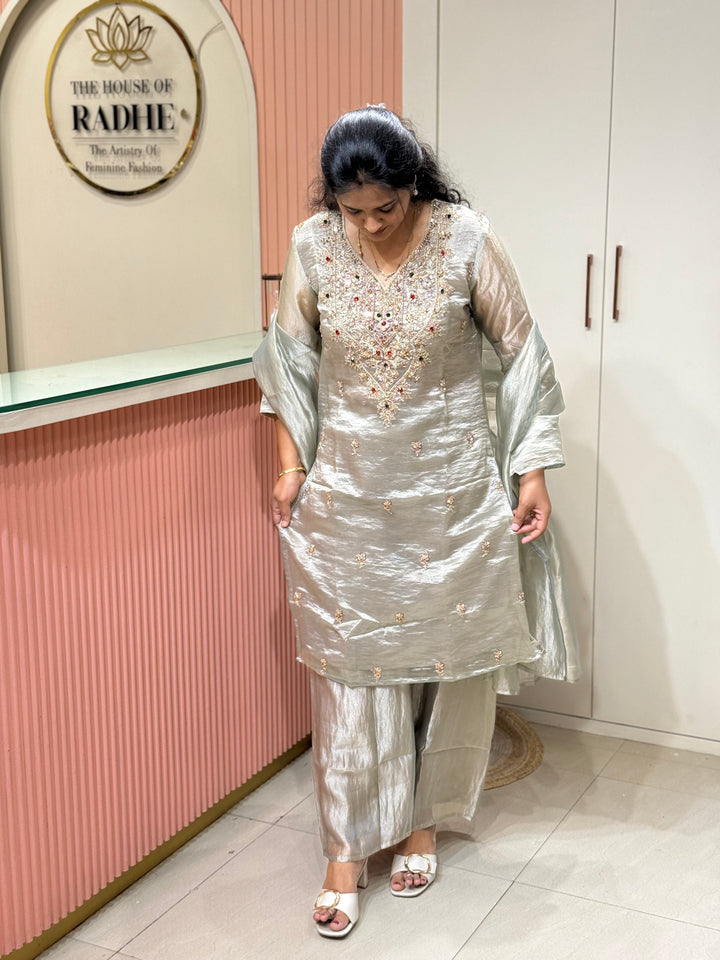 Premium Shimmer Crush Tissue 3pcs kurta set | R228
