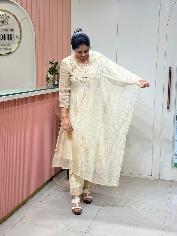 Shimmer Crush Tissue Fabric (salsa) with Jewellery-Style Neck Handwork 𝗦𝘂𝗶𝘁 𝗔𝗿𝗿𝗶𝘃𝗲𝗱 | R148