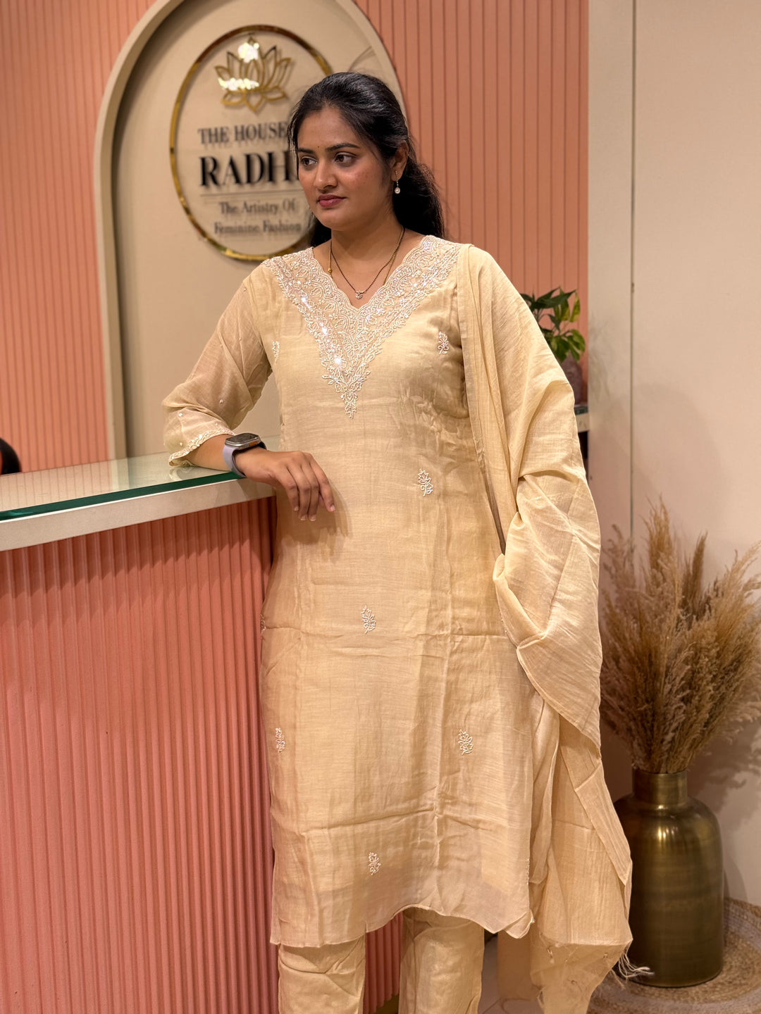 Pure Banarasi Mul Chanderi 3 Pcs Kurti set and Hand Embroidery work| R218