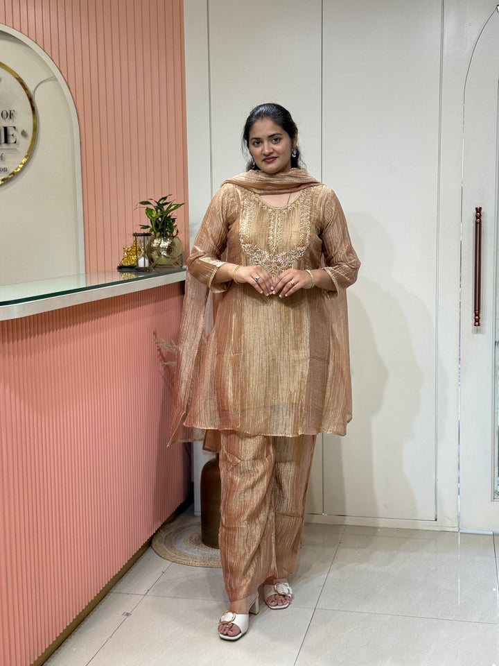 Premium Shimmer Crush Tissue Fabric (salsa) with Handwork 𝗦𝘂𝗶𝘁 𝗔𝗿𝗿𝗶𝘃𝗲𝗱 ( Cotton Lining )| R148