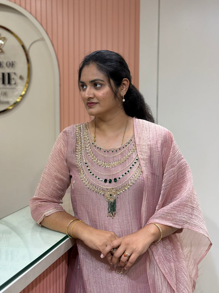 Shimmer Crush Tissue Fabric (salsa) with Jewellery-Style Neck Handwork 𝗦𝘂𝗶𝘁 𝗔𝗿𝗿𝗶𝘃𝗲𝗱 | R148