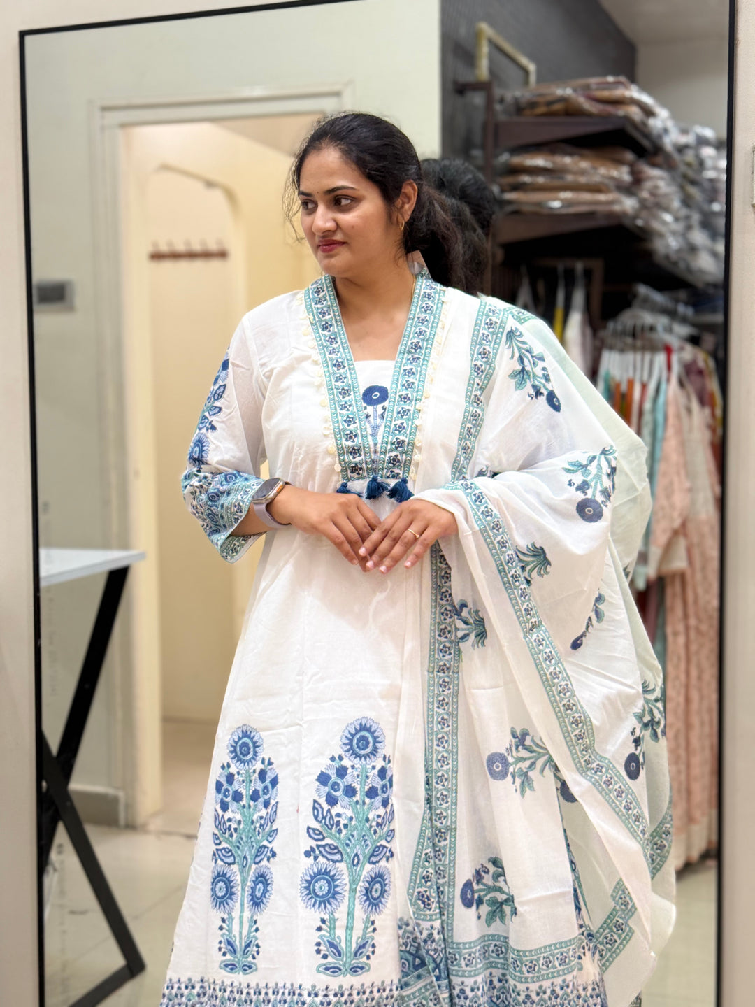 Premium Floral Print A-Line Cotton Set In White | R188