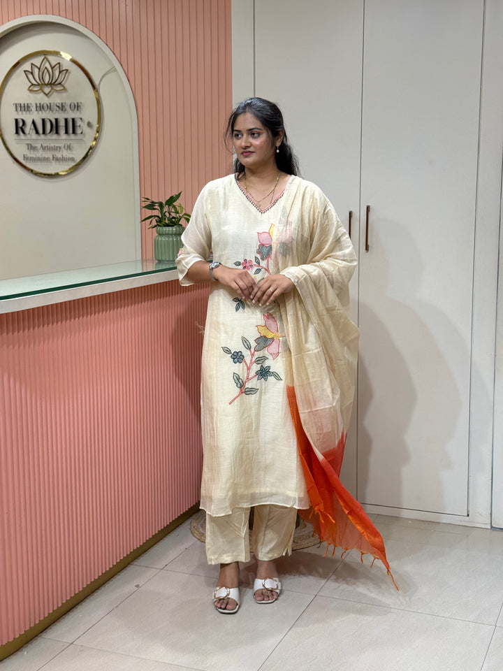 Pure Banarasi Mul Chanderi 3 Pcs Kurti set and Hand Embroidery work| R218