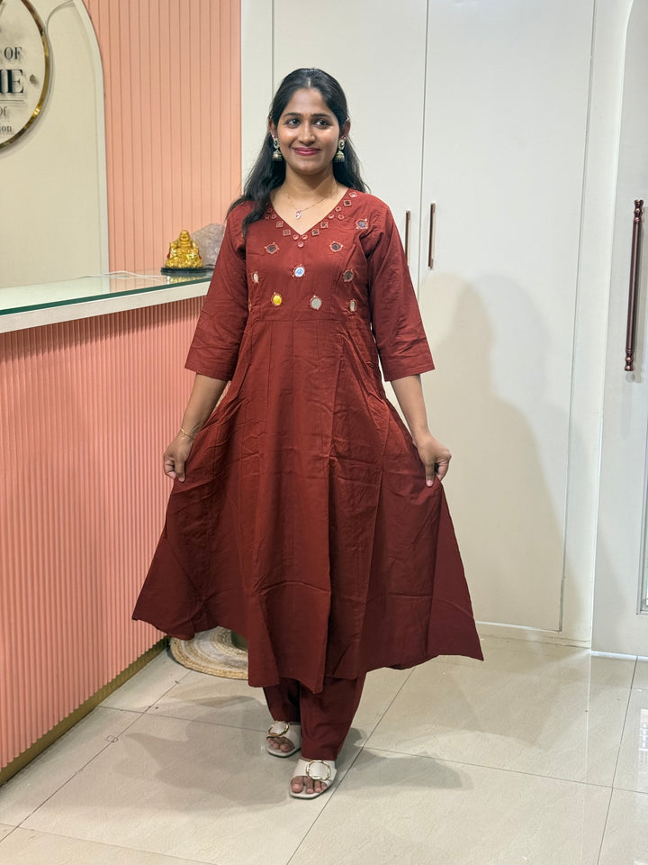 Pure Cotton Kali Pattern 2 Piece Set With Plazo Pant &amp; Real Mirror Work | R186