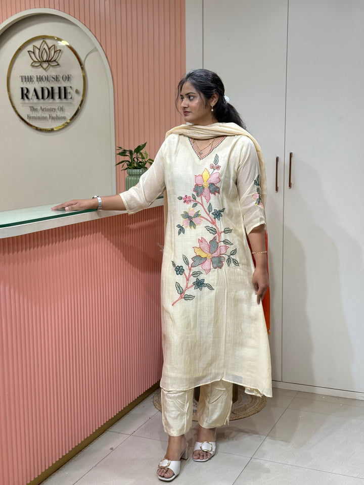 Pure Banarasi Mul Chanderi 3 Pcs Kurti set and Hand Embroidery work| R218