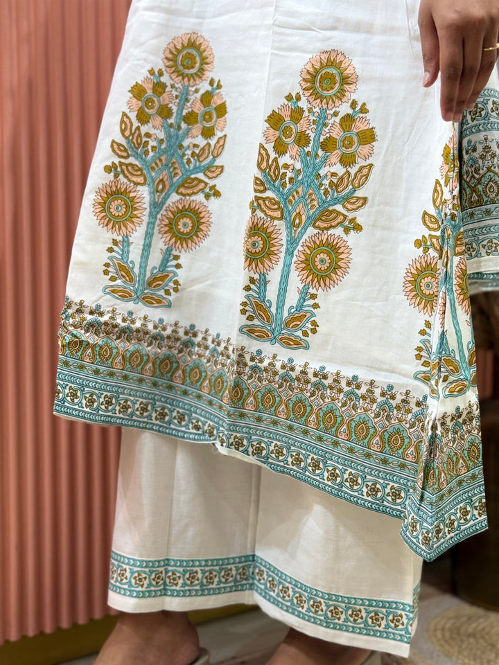 Premium Floral Print A-Line Cotton Set In White | R188