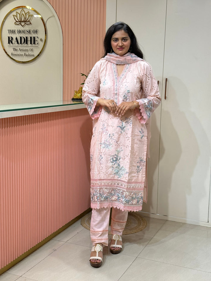 Premium Designer Schiffli 3-Piece Set with Kota Doria Dupatta | R221