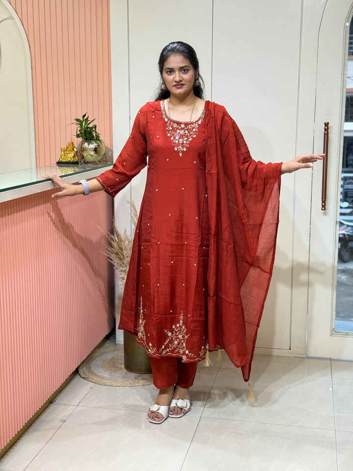 Coral Mul Chanderi with Cut Dana Work | R206