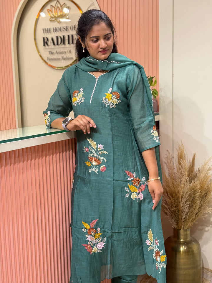 Pure Banarasi Mul Chanderi 3 Pcs Kurti set and Hand Embroidery work| R218