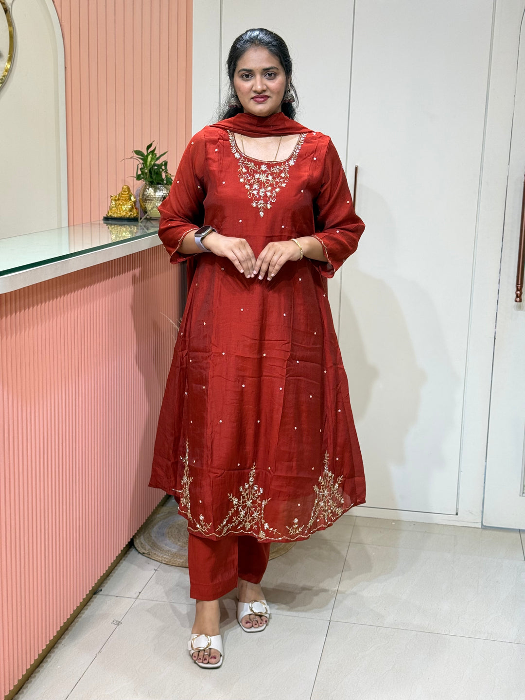 Coral Mul Chanderi with Cut Dana Work | R206