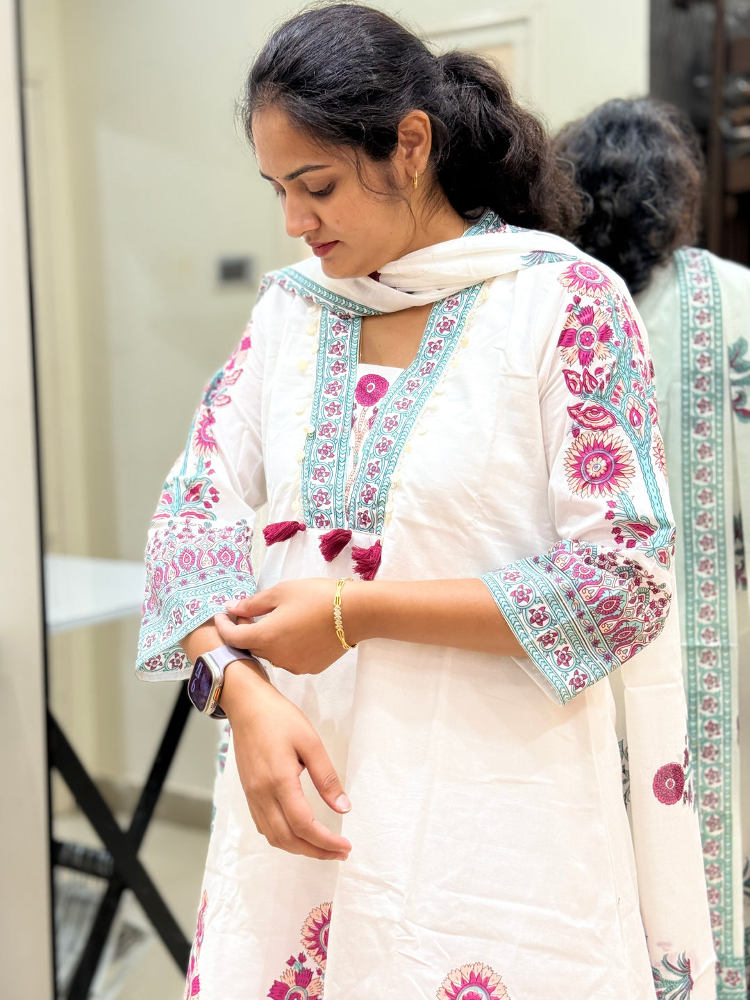 Premium Floral Print A-Line Cotton Set In White | R188
