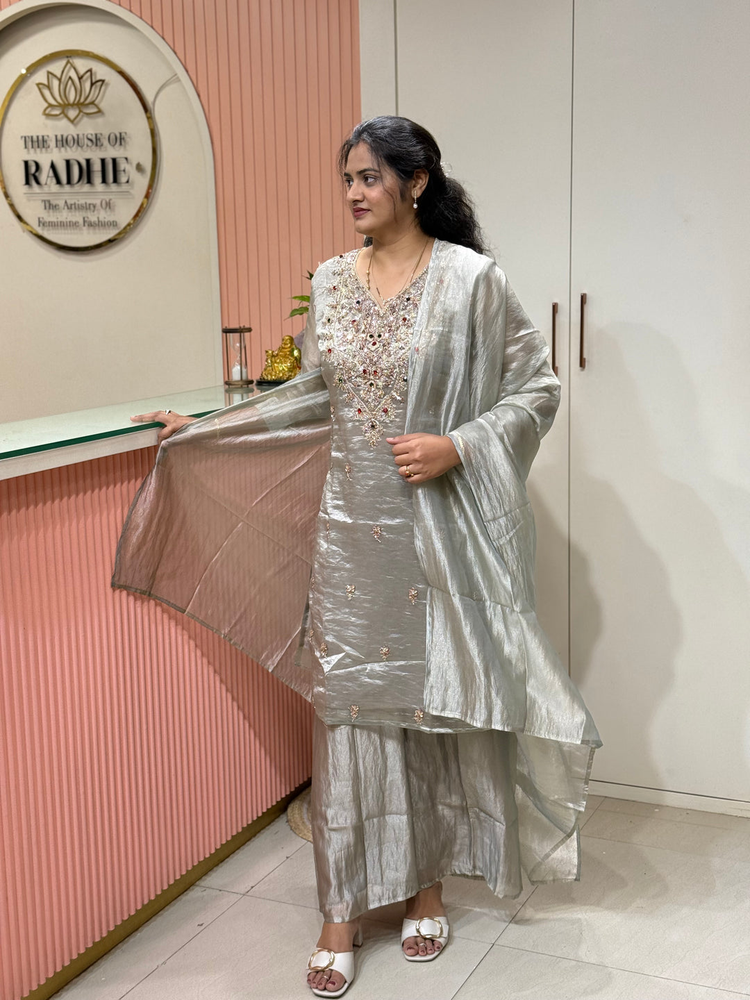 Premium Shimmer Crush Tissue 3pcs kurta set | R228