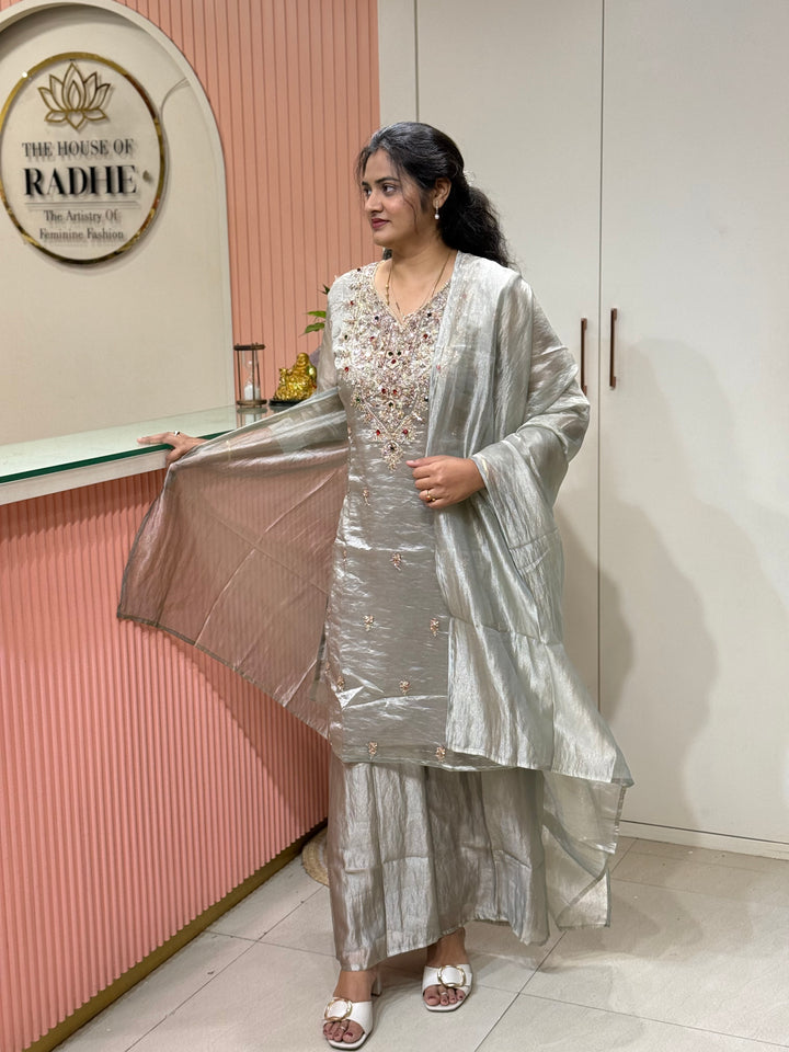 Premium Shimmer Crush Tissue 3pcs kurta set | R228