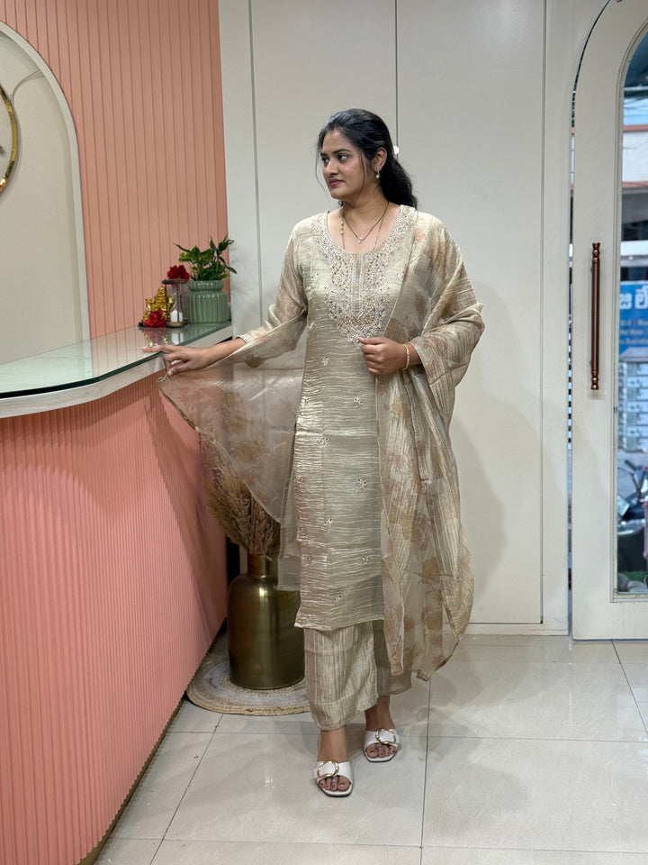 Premium Shimmer Crush Tissue Fabric with Handwork 𝗦𝘂𝗶𝘁 𝗔𝗿𝗿𝗶𝘃𝗲𝗱 ( Cotton Lining )| R228