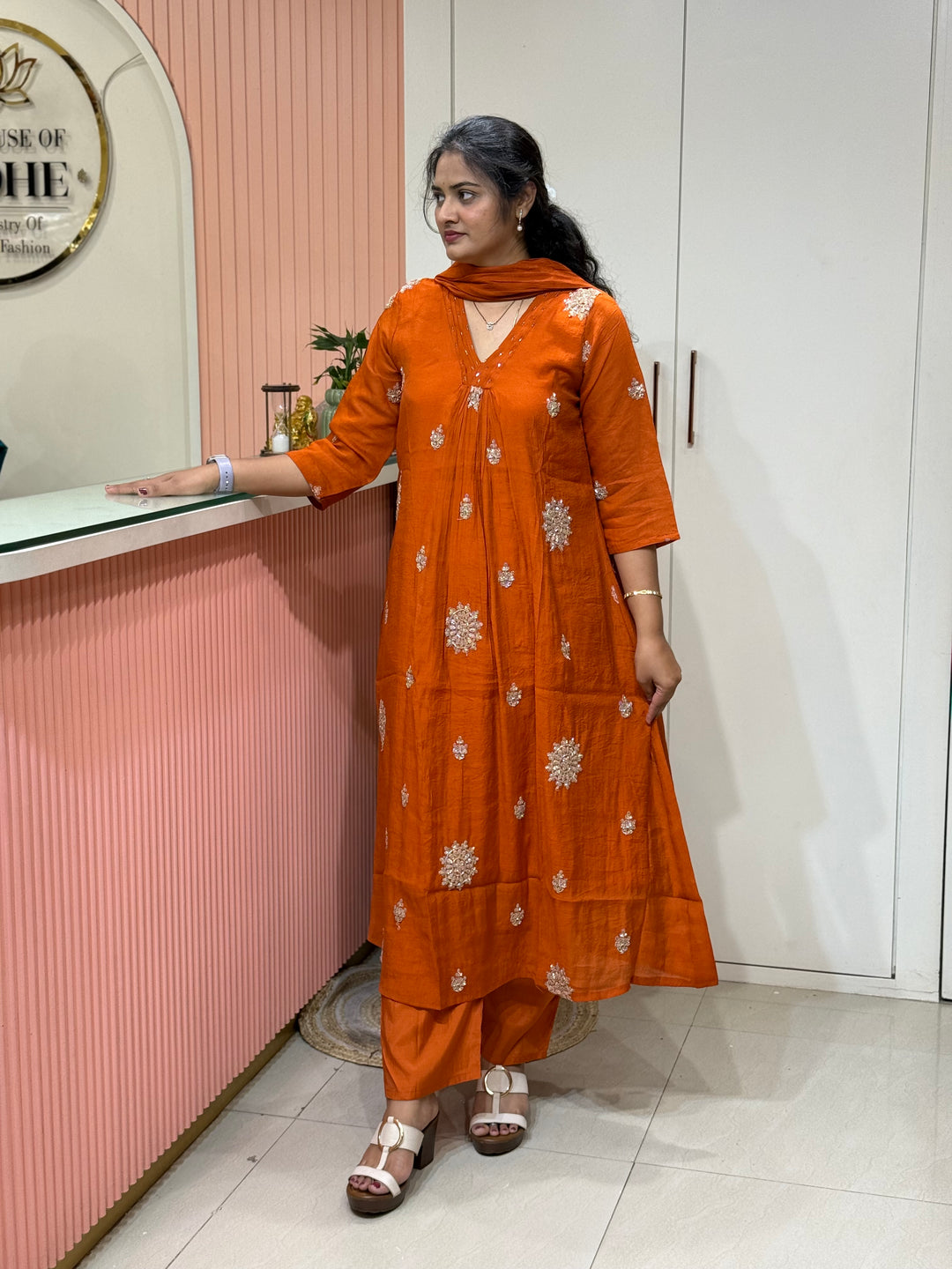 Coral Mul Chanderi Collection Semi Party Wear (Cut Dana &amp; bead Work) A -Line Pattern | R214
