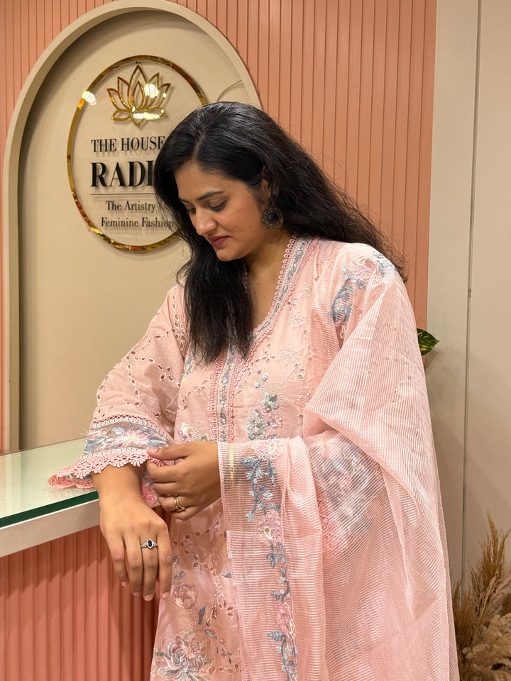 Premium Designer Schiffli 3-Piece Set with Kota Doria Dupatta | R221