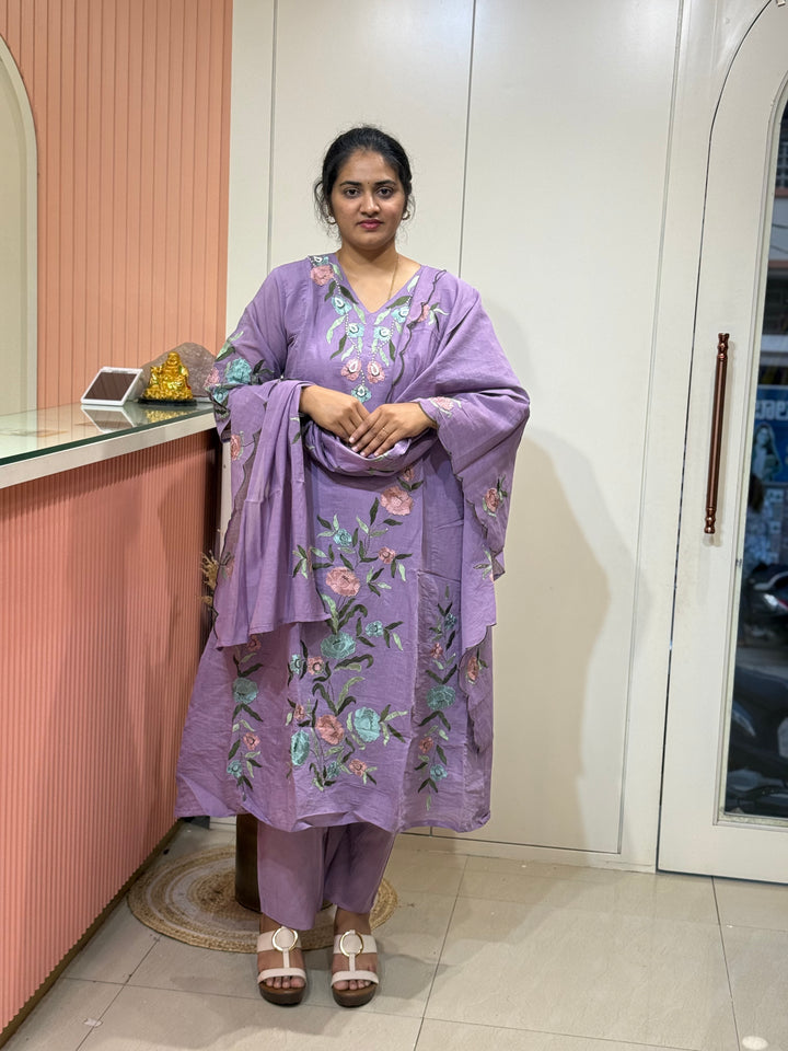 Mul Chanderi Kurta Set with Mul Cotton Lining &amp; Floral Embroidery – RADHE90