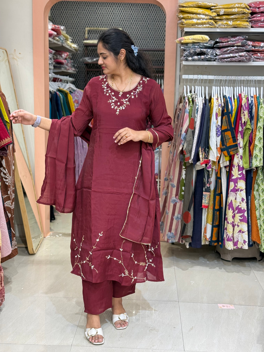 S Mul Chanderi 3 Pc Suit Collection Semi Party Wear| R138