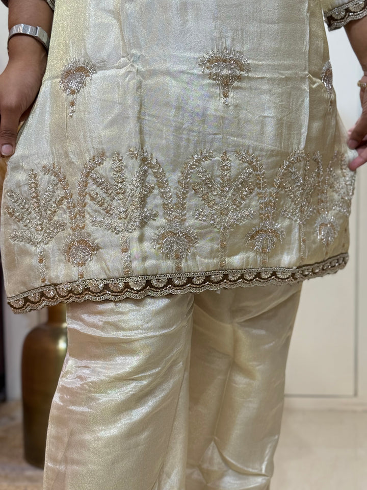 Designer Tissue Shimmer 2 Pc Collection – Contrast Yoke &amp; Cut Dana Work (Cotton Lining )| R167