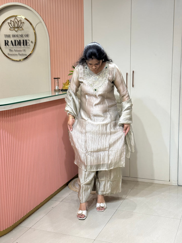 Premium Shimmer Crush Tissue Fabric with Handwork 𝗦𝘂𝗶𝘁 𝗔𝗿𝗿𝗶𝘃𝗲𝗱 ( Cotton Lining )| R228