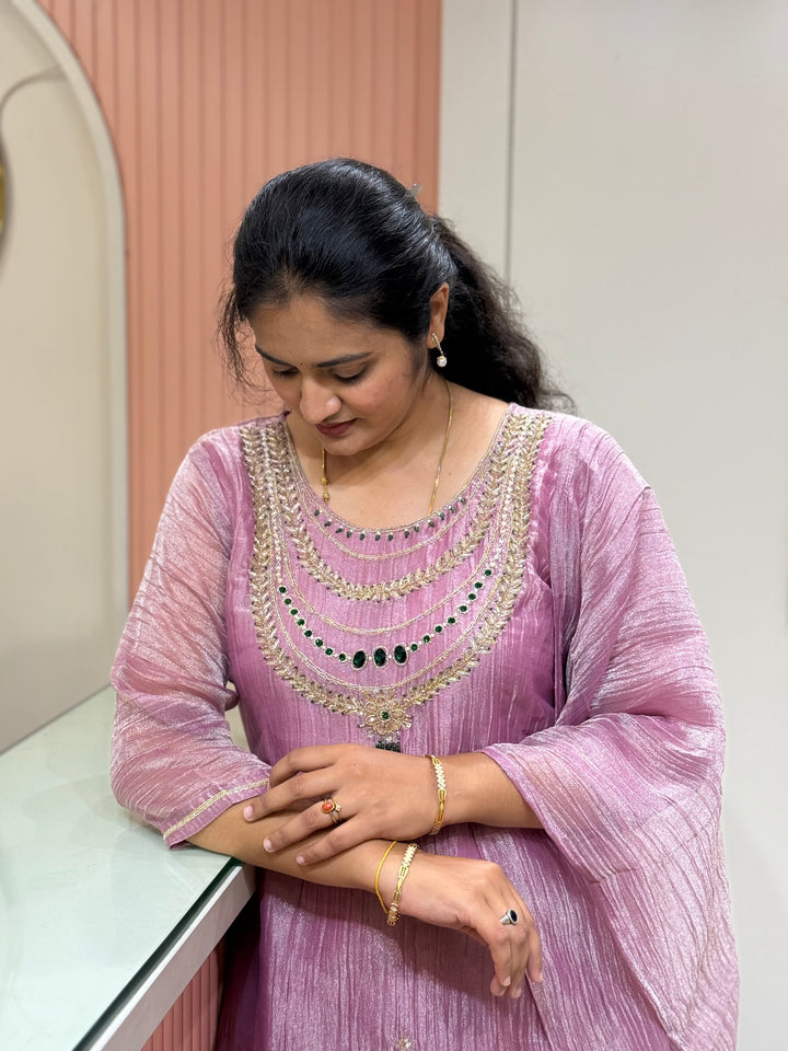 Shimmer Crush Tissue Fabric (salsa) with Jewellery-Style Neck Handwork 𝗦𝘂𝗶𝘁 𝗔𝗿𝗿𝗶𝘃𝗲𝗱 | R148