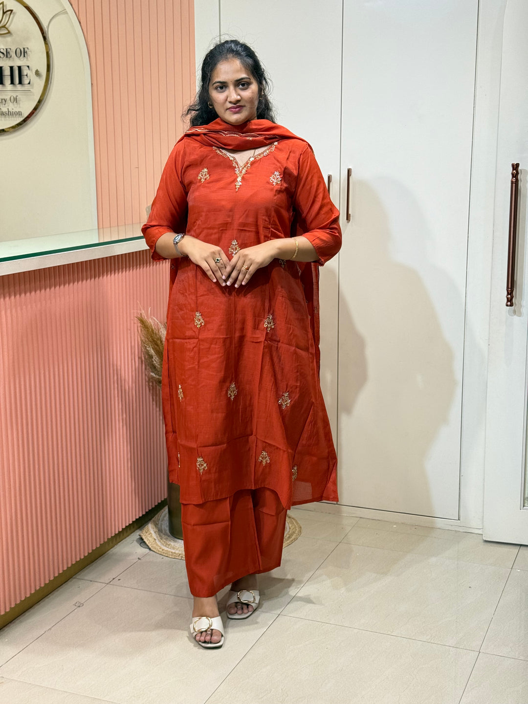 S Mul Chanderi 3 Pc Kurta Set | Semi Party Wear (New Arrivals )with Cotton Lining | R138