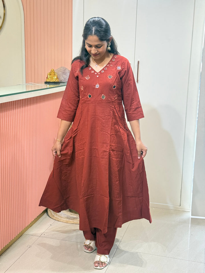 Pure Cotton Kali Pattern 2 Piece Set With Plazo Pant &amp; Real Mirror Work | R186