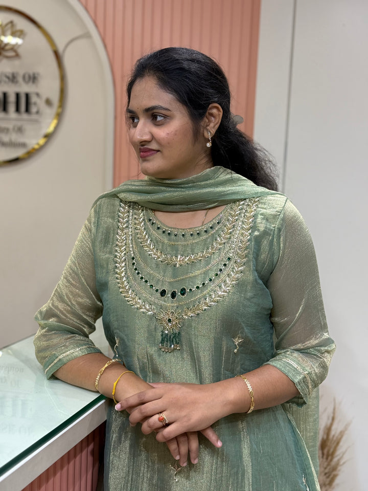 Shimmer Crush Tissue Fabric (salsa) with Jewellery-Style Neck Handwork 𝗦𝘂𝗶𝘁 𝗔𝗿𝗿𝗶𝘃𝗲𝗱 | R148