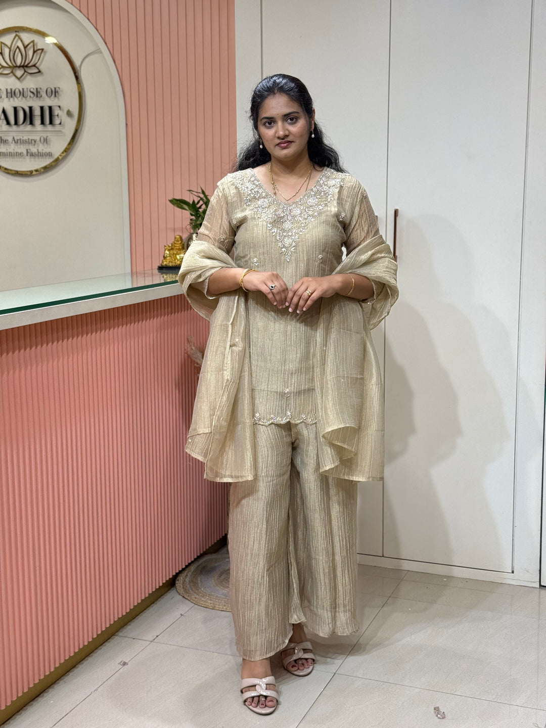 Shimmer Crush Tissue Fabric (salsa) with Handwork 𝗦𝘂𝗶𝘁 𝗔𝗿𝗿𝗶𝘃𝗲𝗱 | R148