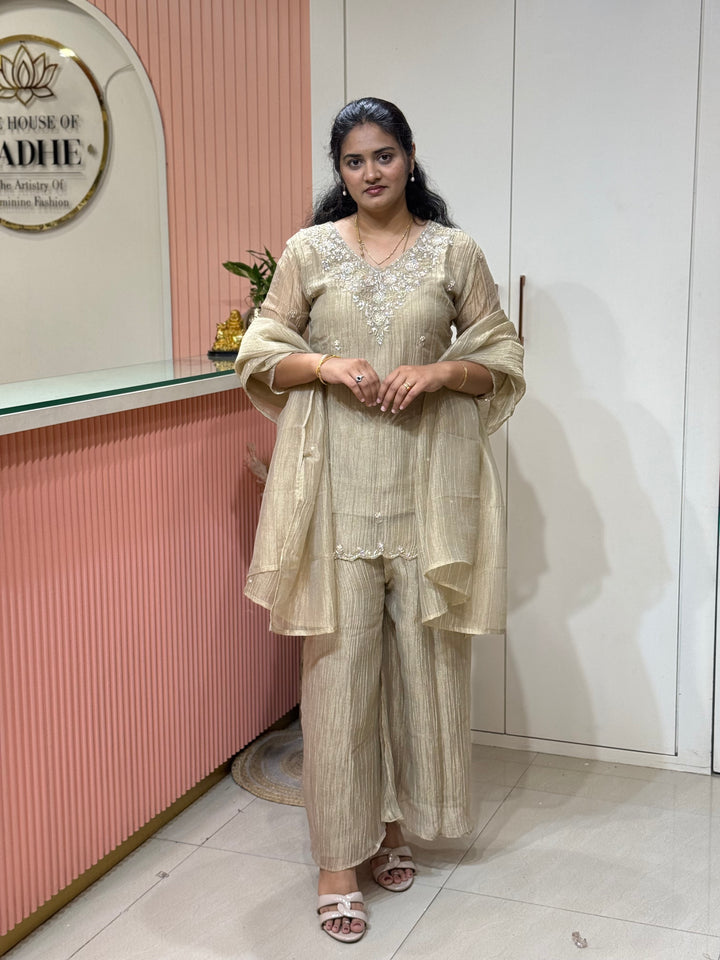 Shimmer Crush Tissue Fabric (salsa) with Handwork 𝗦𝘂𝗶𝘁 𝗔𝗿𝗿𝗶𝘃𝗲𝗱 | R148