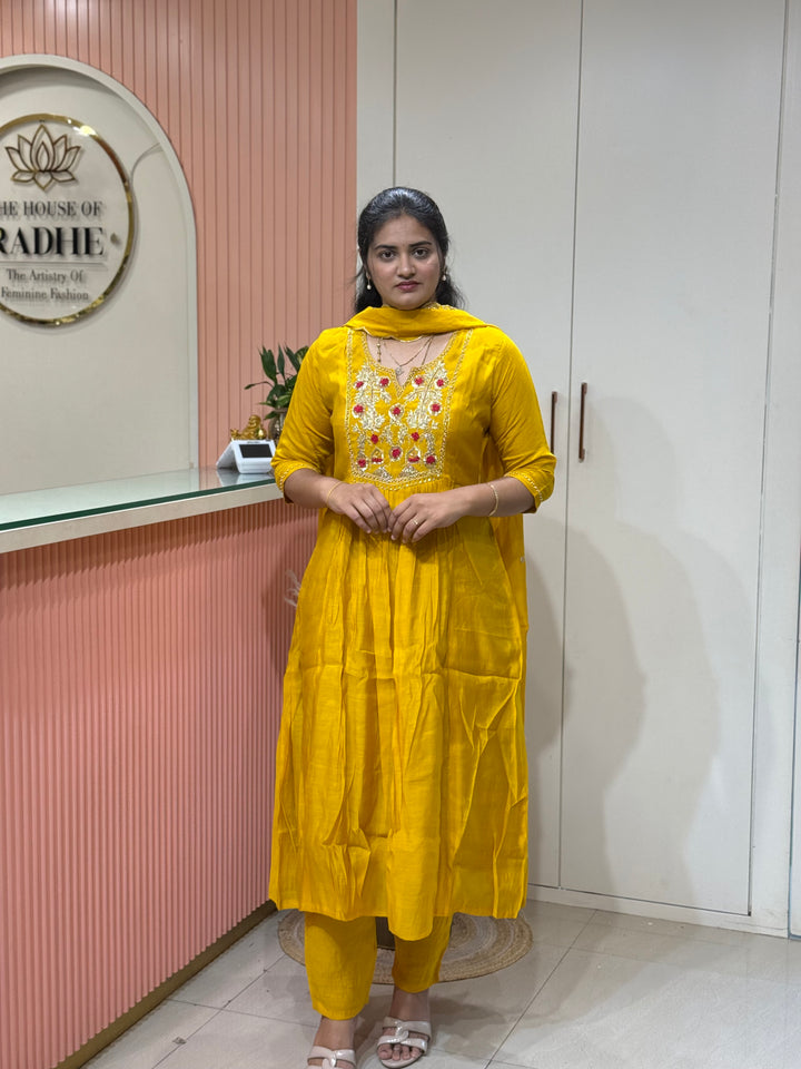Premium Mul Chanderi Collection with Dupatta | Kali Pattern &amp; Handwork| R206