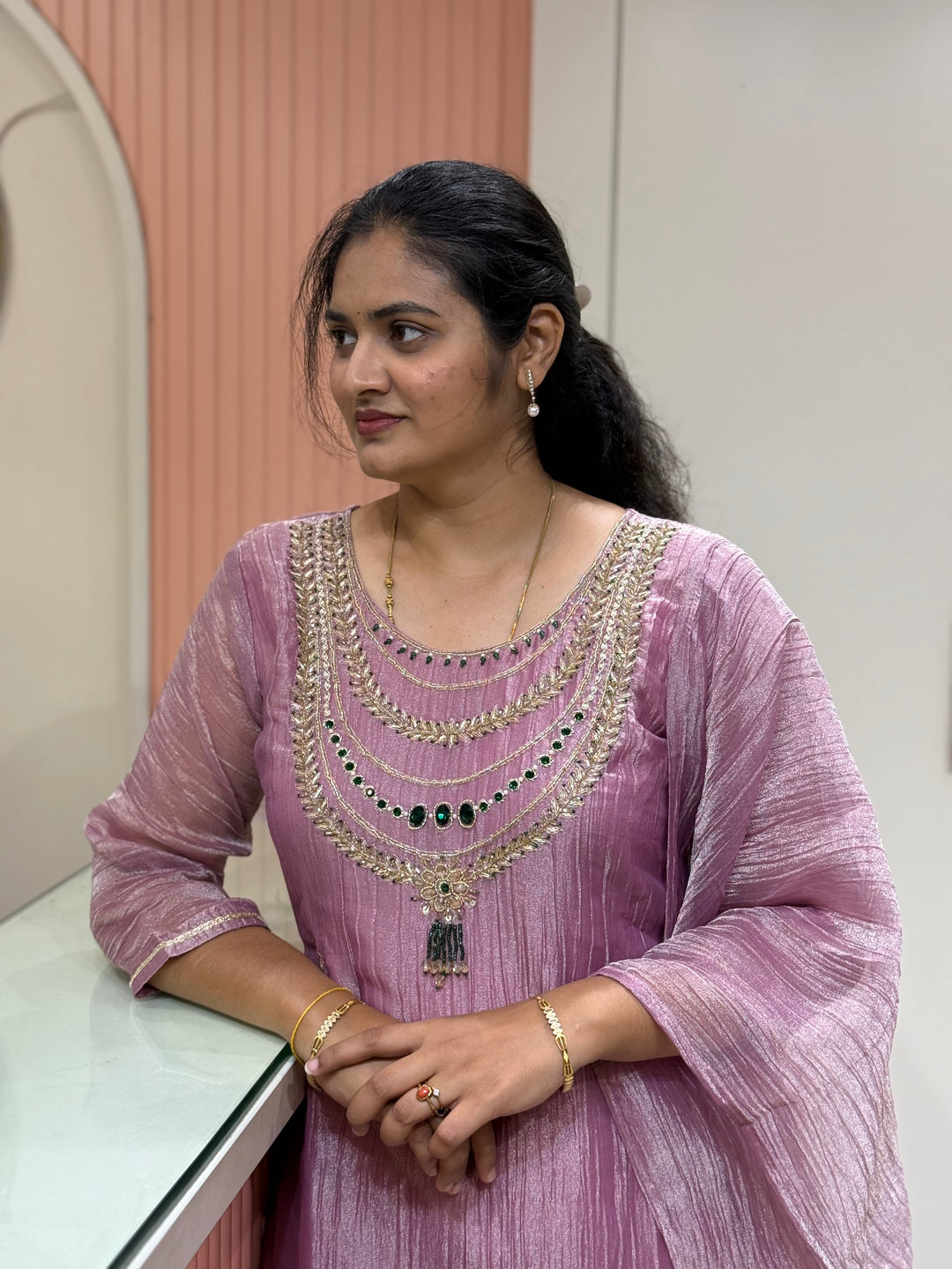 Shimmer Crush Tissue Fabric (salsa) with Jewellery-Style Neck Handwork 𝗦𝘂𝗶𝘁 𝗔𝗿𝗿𝗶𝘃𝗲𝗱 | R148