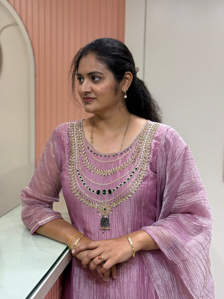 Shimmer Crush Tissue Fabric (salsa) with Jewellery-Style Neck Handwork 𝗦𝘂𝗶𝘁 𝗔𝗿𝗿𝗶𝘃𝗲𝗱 | R148
