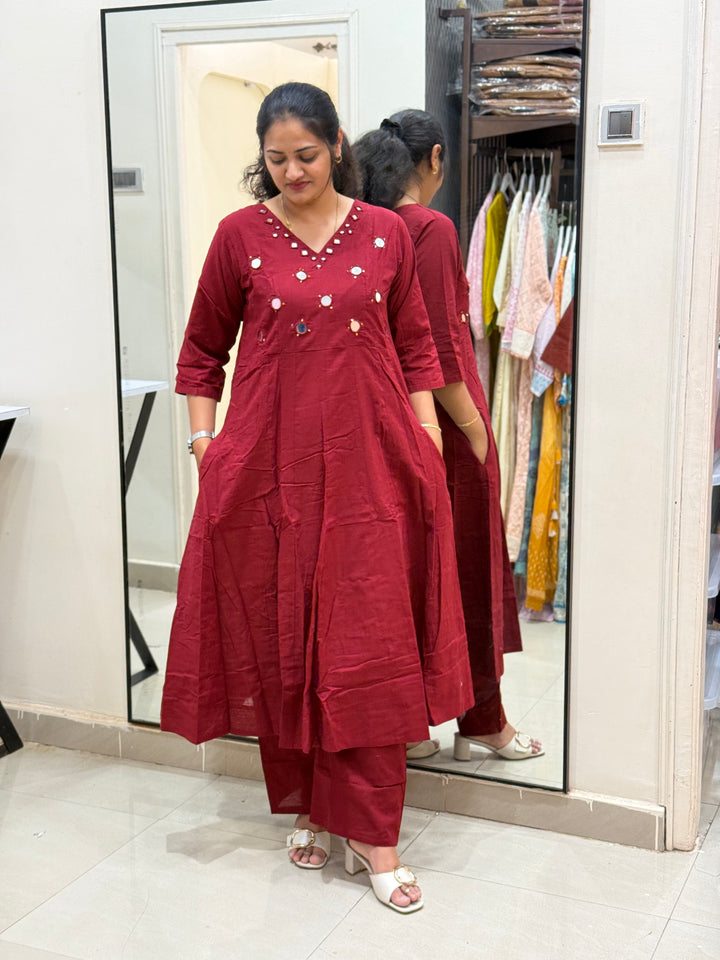 Pure Cotton Kali Pattern 2 Piece Set With Plazo Pant &amp; Real Mirror Work | R186