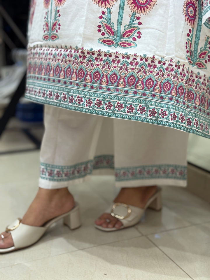 Premium Floral Print A-Line Cotton Set In White | R188