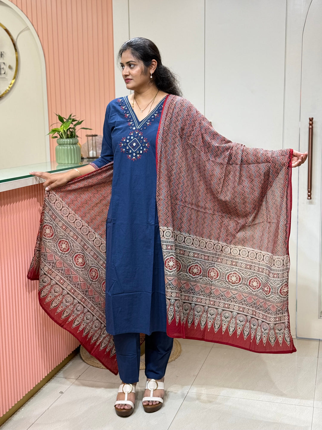 Cotton Collection with Real Mirror Work (Ajrakh Print Dupatta) | R210